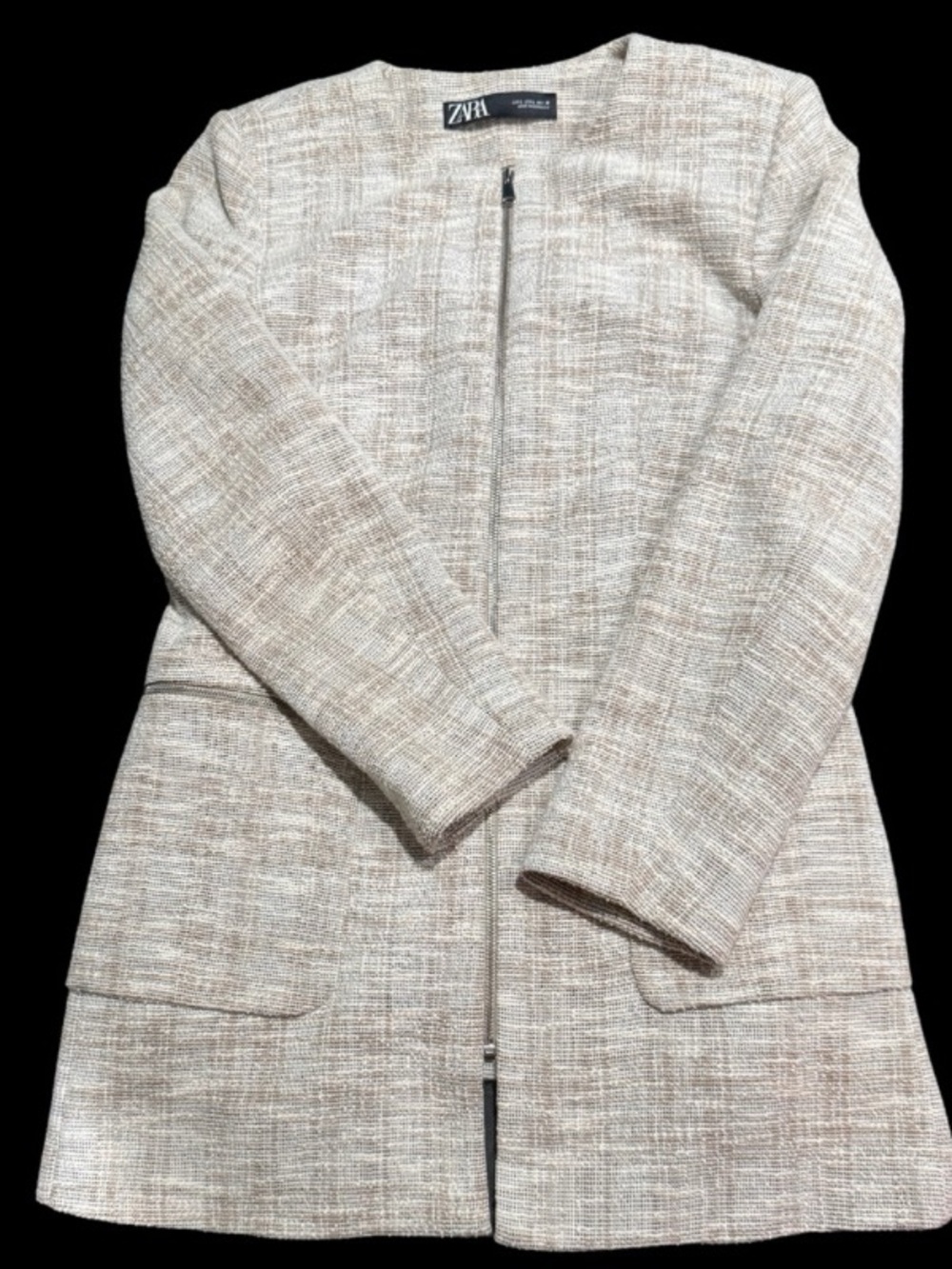 Zara Large Neutral Tweed Zip-Front Blazer Jacket